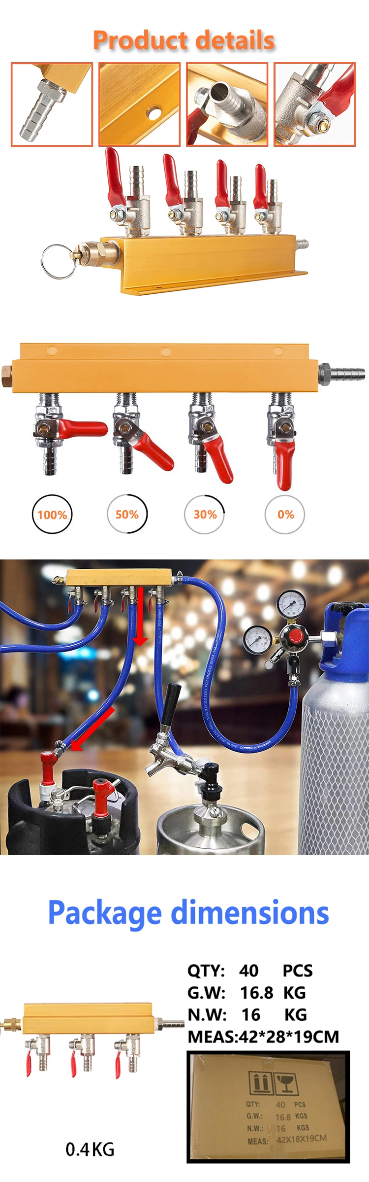 Beer Gas Distributor CO2 Air Gas Manifold Distribution Splitter Beer 2 Way for Home Use